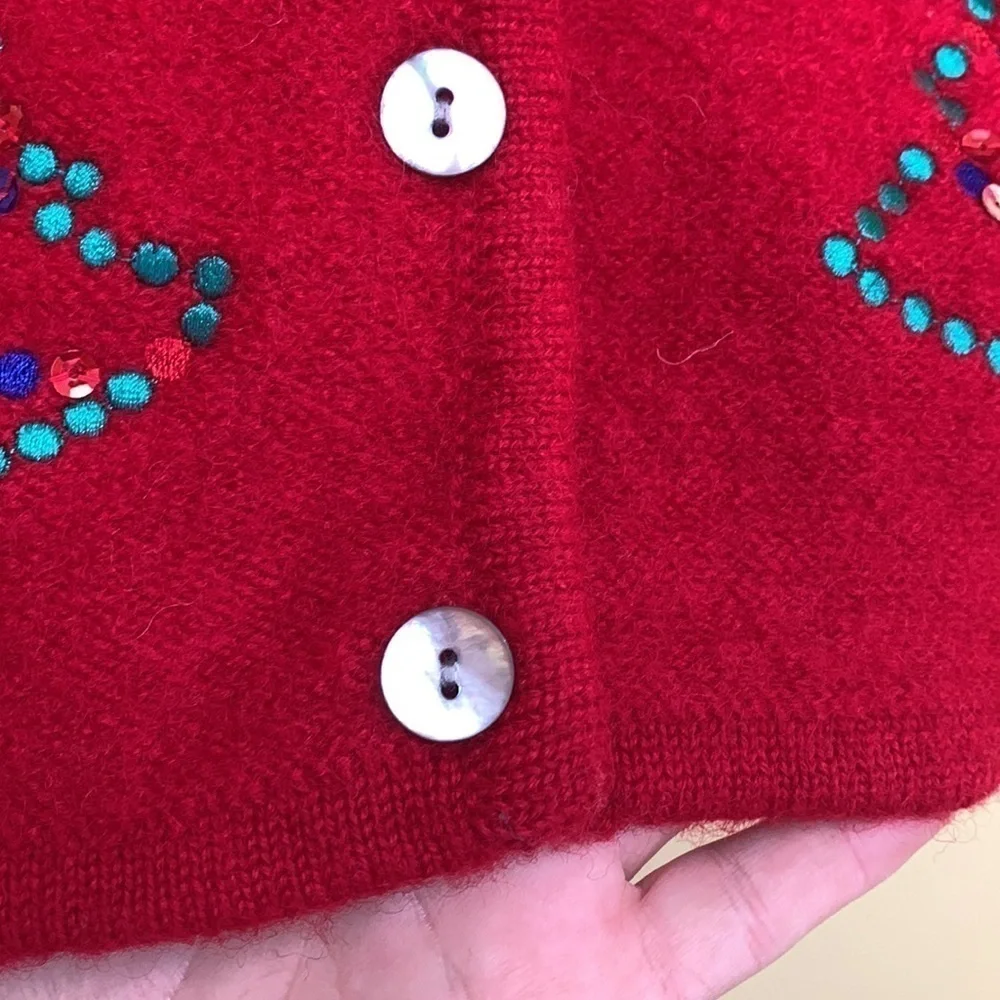 Karen Scott Sport Red Christmas Wool Thick Knit Embroidered Sequin Cardigan M/L